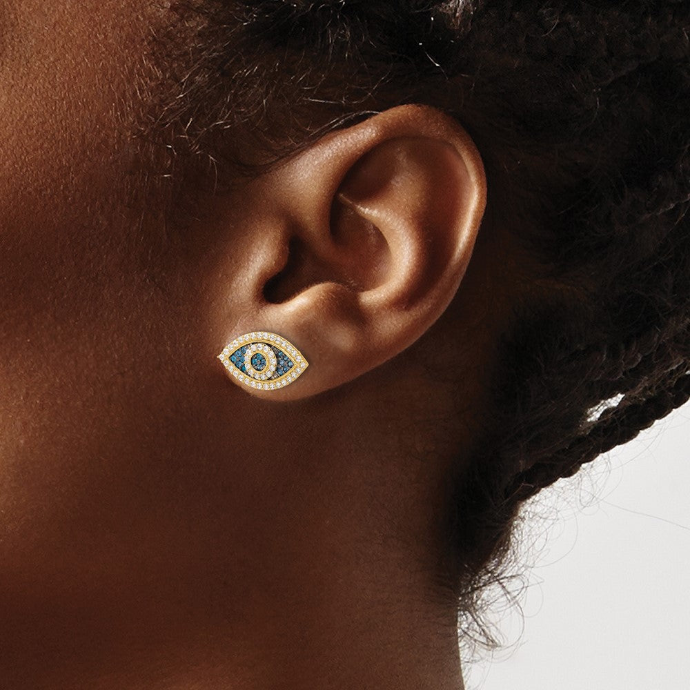 10K Polished Blue & Clear CZ Evil Eye Post Earrings