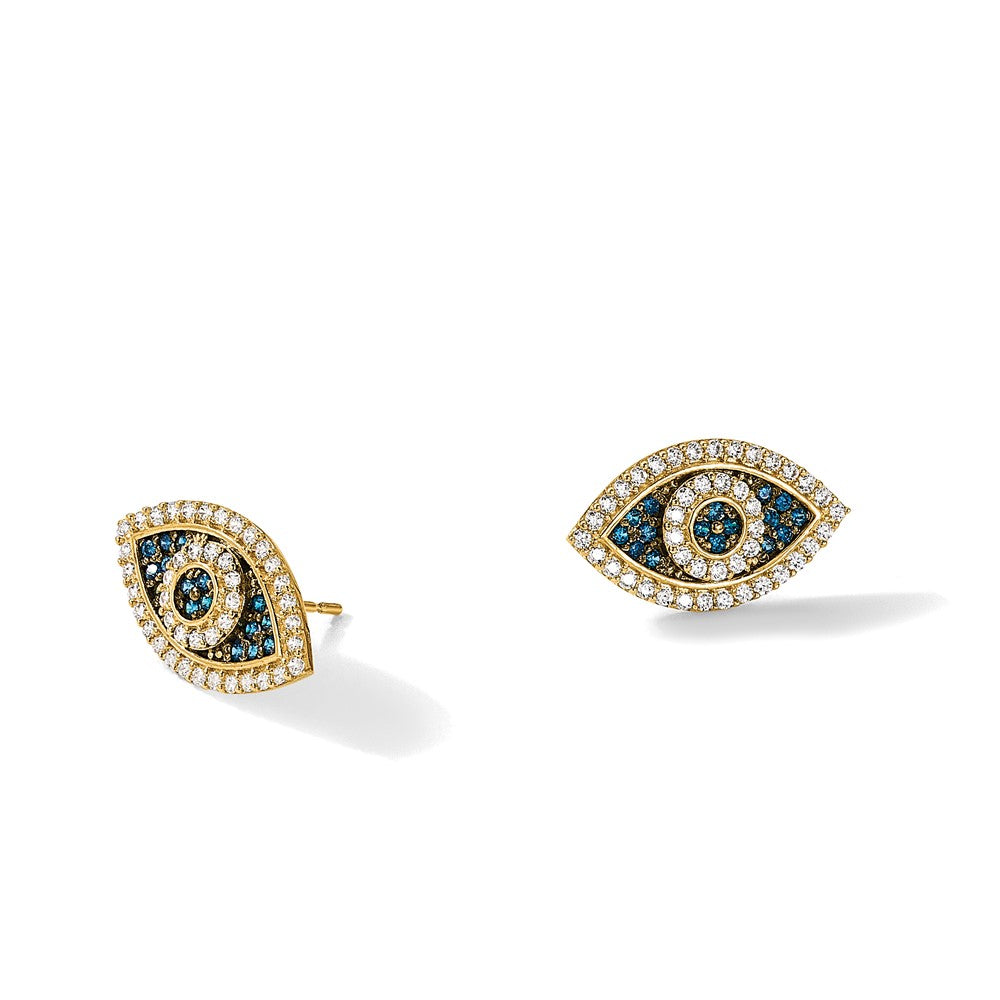 10K Polished Blue & Clear CZ Evil Eye Post Earrings