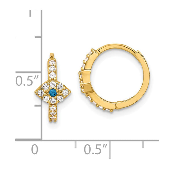 10K Polished Clear & Blue CZ Evil Eye Hinged Hoop Earrings