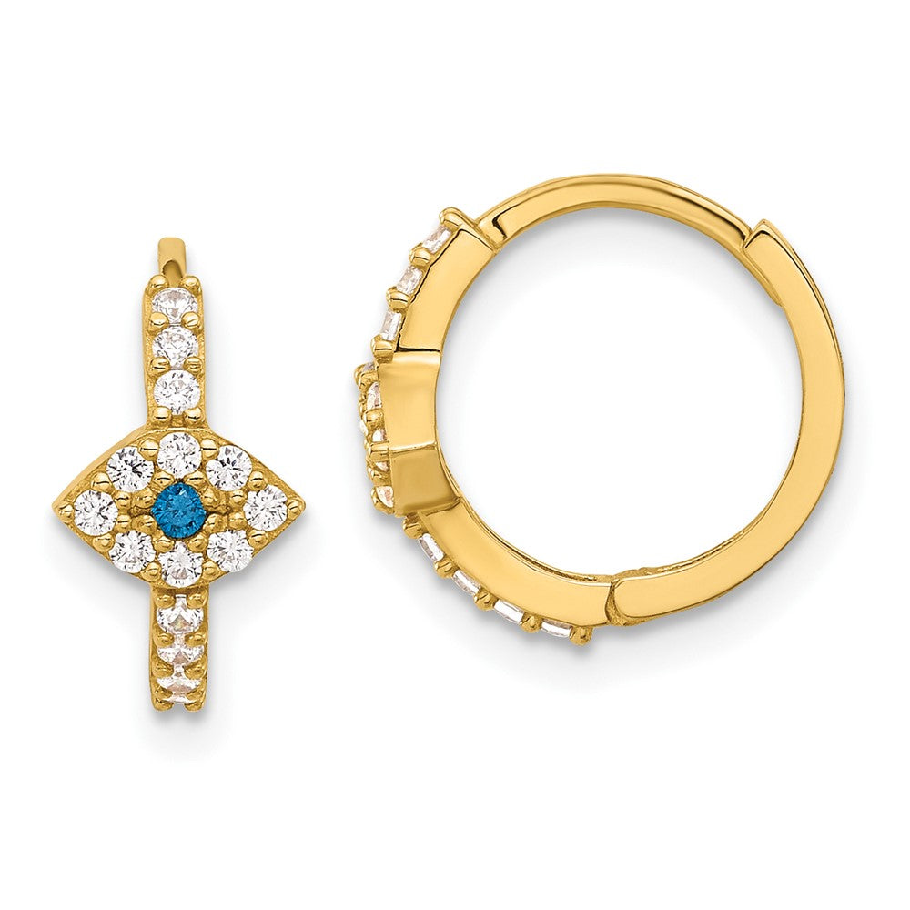 10K Polished Clear & Blue CZ Evil Eye Hinged Hoop Earrings