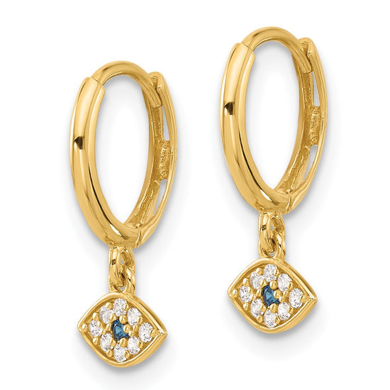 10K Polished Clear & Blue CZ Dangle Evil Eye Hinged Hoop Earrings