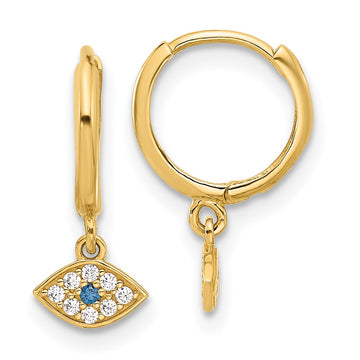 10K Polished Clear & Blue CZ Dangle Evil Eye Hinged Hoop Earrings