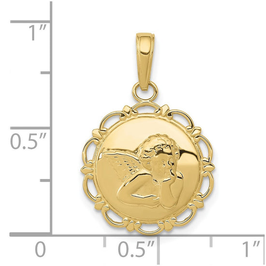 10K Gold Polished Angel/Cherub on Round Scallop Frame Pendant