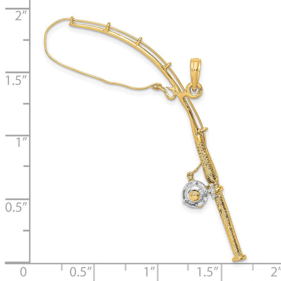 10K w/Rhodium 3-D Moveable Fishing Pole W/ Reel Pendant
