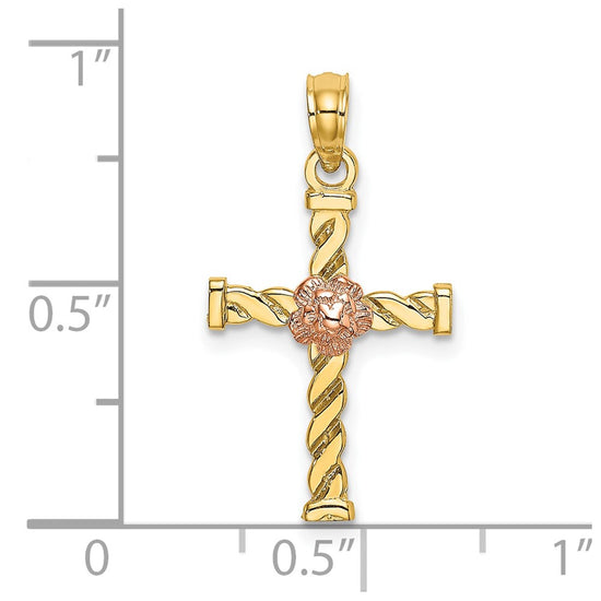 10K Two-Tone Twisted Cross w/ Flower Charm