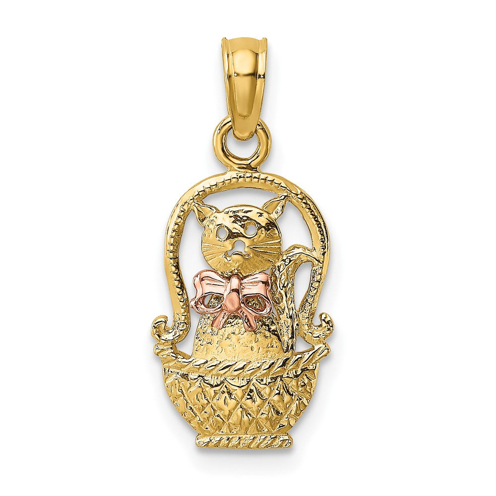 10k Two-Tone Cat with Bow In Basket Charm