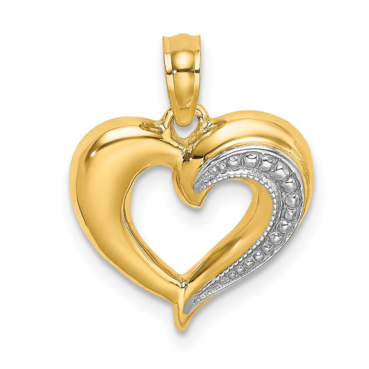10K and White Rhodium Polished and Textured Heart Charm