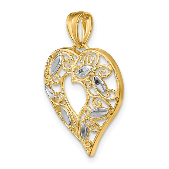 10K and White Rhodium Diamond-cut Filigree Heart Charm