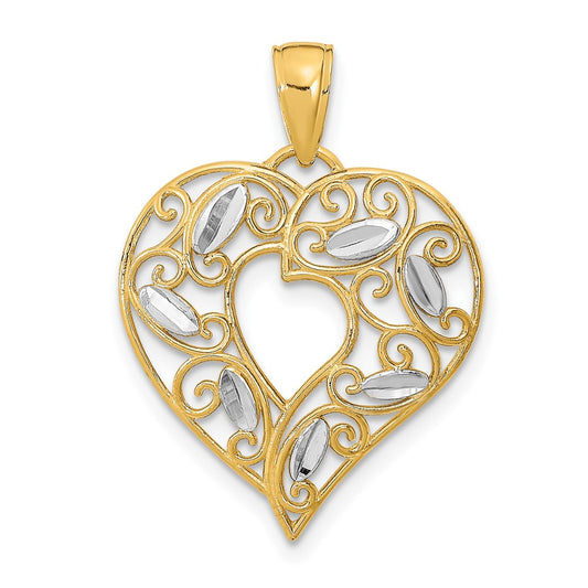 10K and White Rhodium Diamond-cut Filigree Heart Charm