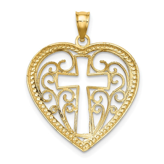 10K W/ RhodiumCut-Out Beaded Filigree Heart W/ Cross Charm