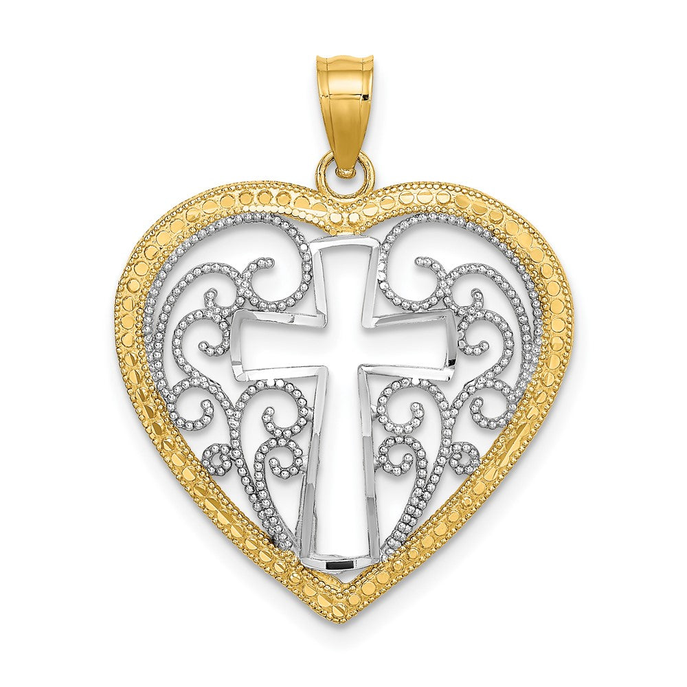 10K W/ RhodiumCut-Out Beaded Filigree Heart W/ Cross Charm