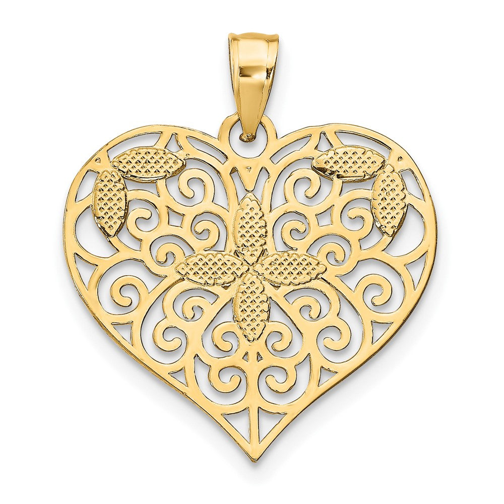 10k and White Rhodium Cut-Out Filigree Flower and Heart Charm