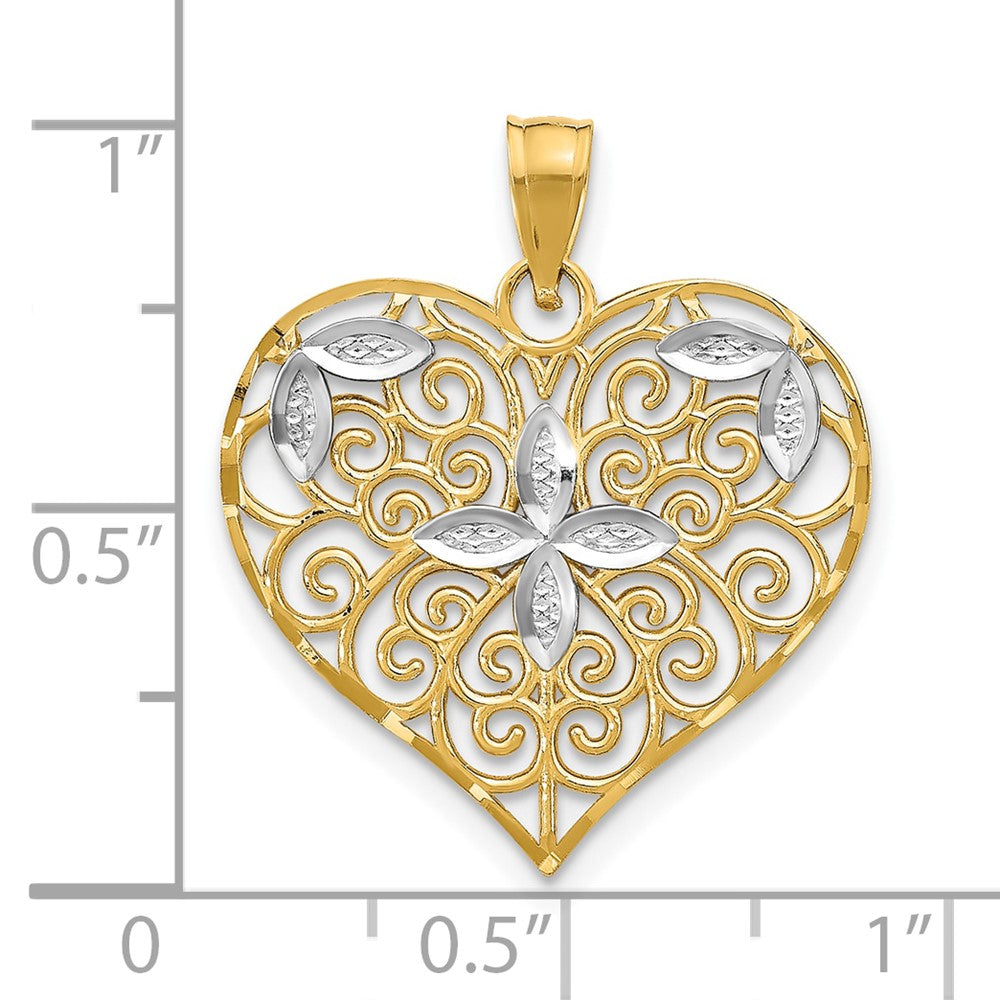 10k and White Rhodium Cut-Out Filigree Flower and Heart Charm