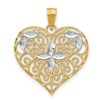 10k and White Rhodium Cut-Out Filigree Flower and Heart Charm