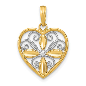10K and White Rhodium Beaded Filigree Fashion Heart Charm