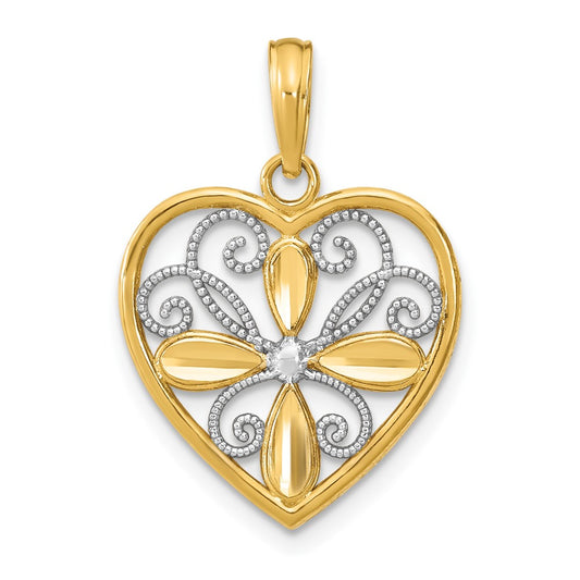 10K and White Rhodium Beaded Filigree Fashion Heart Charm