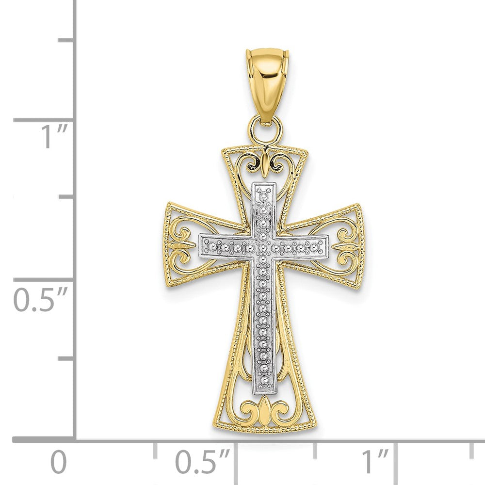 10K Two-tone 2-D and Diamond-cut Beaded Filigree Cross Charm