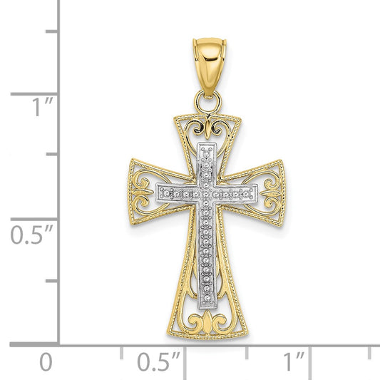 10K Two-tone 2-D and Diamond-cut Beaded Filigree Cross Charm