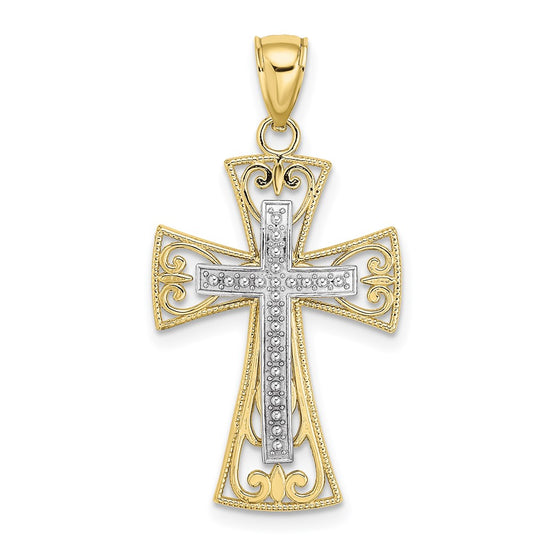 10K Two-tone 2-D and Diamond-cut Beaded Filigree Cross Charm