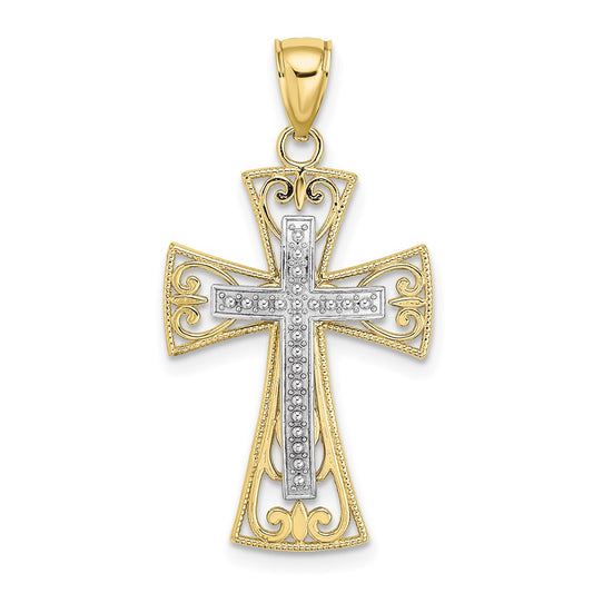 10K Two-tone 2-D and Diamond-cut Beaded Filigree Cross Charm