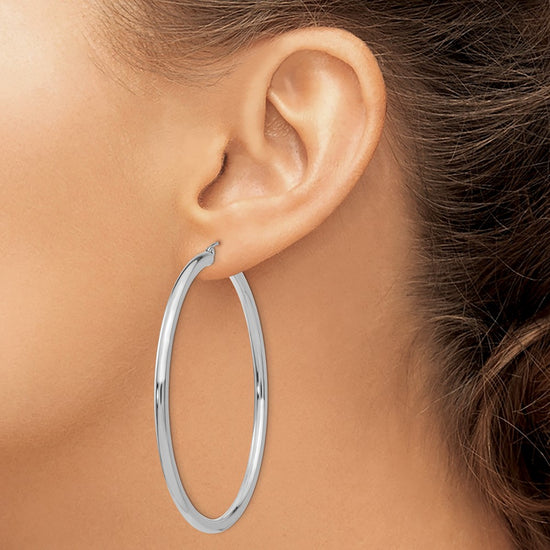10k White Gold Polished 3mm Lightweight Tube Hoop Earrings