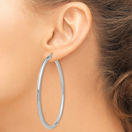 10k White Gold Polished 3mm Lightweight Tube Hoop Earrings