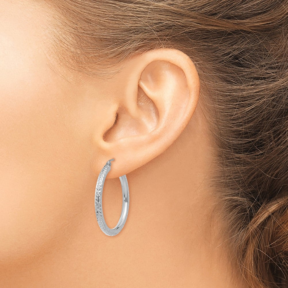 10k White Gold Diamond-cut 3mm Round Hoop Earrings