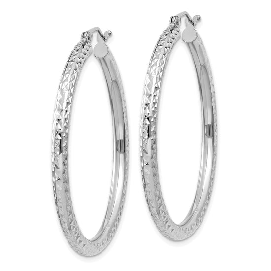 10k White Gold Diamond-cut 3mm Round Hoop Earrings