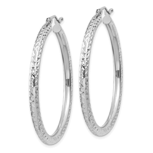 10k White Gold Diamond-cut 3mm Round Hoop Earrings