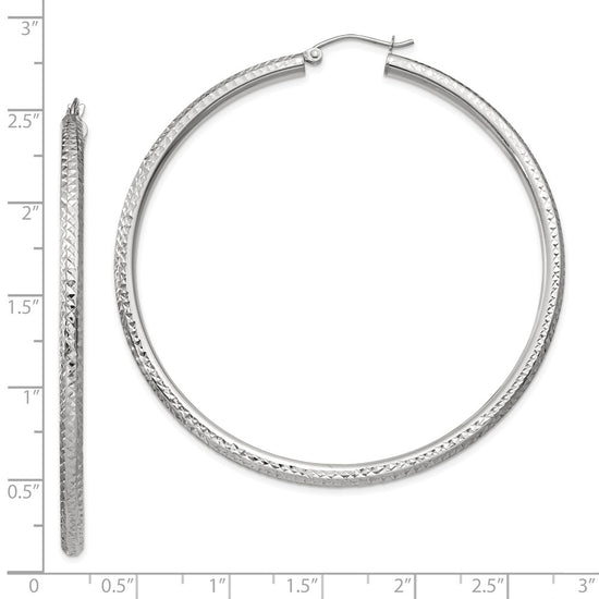 10k White Gold Diamond-cut 3mm Round Hoop Earrings
