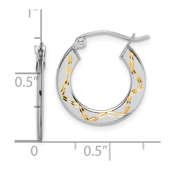 10K White Gold & Yellow Rhodium Diamond Cut Hoop Earrings
