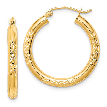 10K Diamond Cut 3x25mm Hollow Tube Hoop Earrings