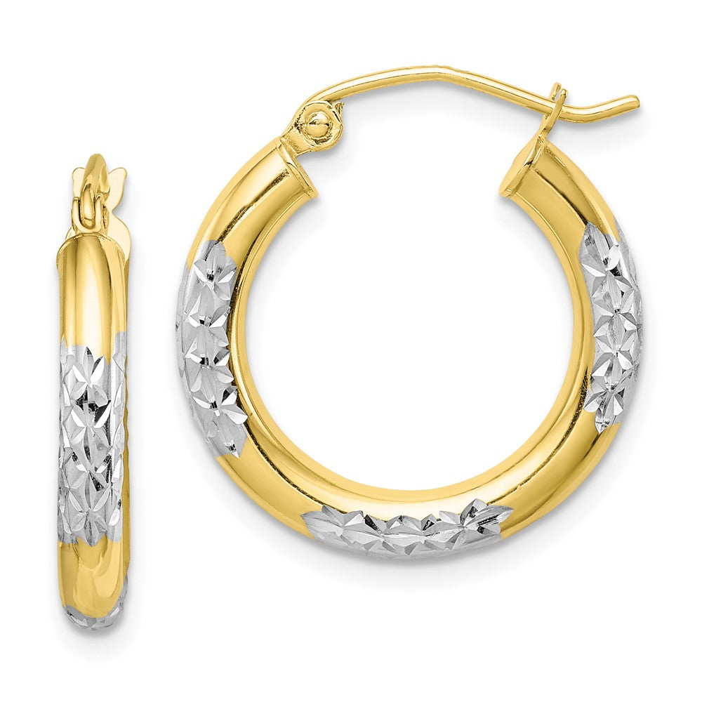 Gold & Rhodium Polish Diamond-cut Tube Hoop Earrings