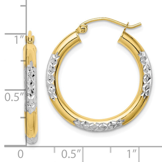 Gold & Rhodium Polish Diamond-cut Tube Hoop Earrings