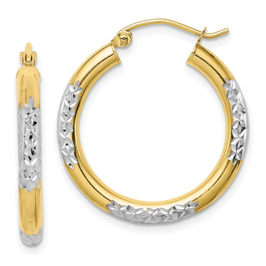 Gold & Rhodium Polish Diamond-cut Tube Hoop Earrings