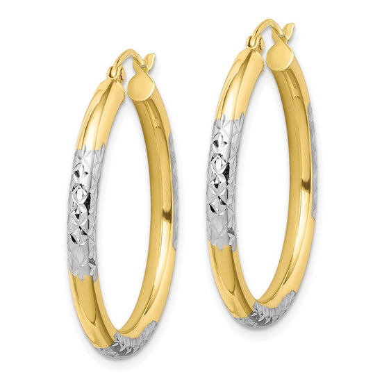 Gold & Rhodium Polish Diamond-cut Tube Hoop Earrings
