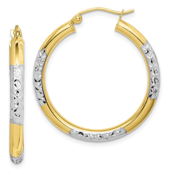 Gold & Rhodium Polish Diamond-cut Tube Hoop Earrings