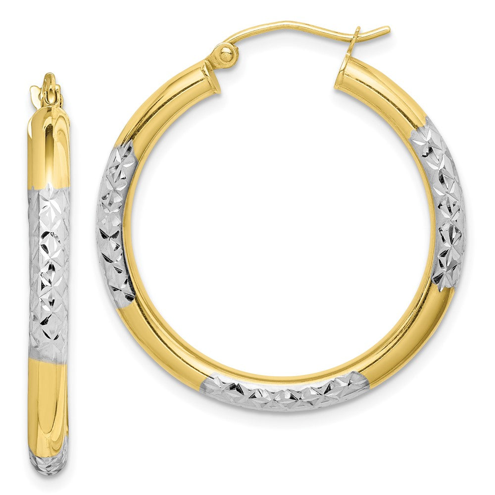 Gold & Rhodium Polish Diamond-cut Tube Hoop Earrings