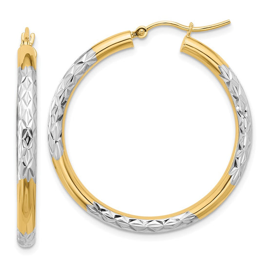 Gold & Rhodium Polish Diamond-cut Tube Hoop Earrings