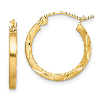 10K Satin Diamond Cut 2x20mm Hoop Earrings