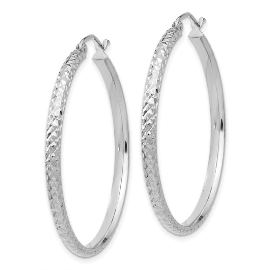 10k White Gold Diamond-cut 2.8x37mm Hollow Hoop Earrings