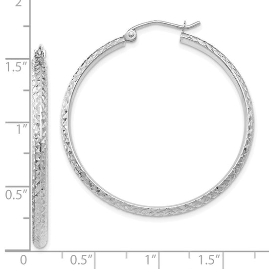 10k White Gold Diamond-cut 2.8x37mm Hollow Hoop Earrings