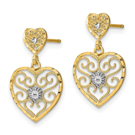 10k w/ RH Heart Beaded Filigree Dangle Earrings