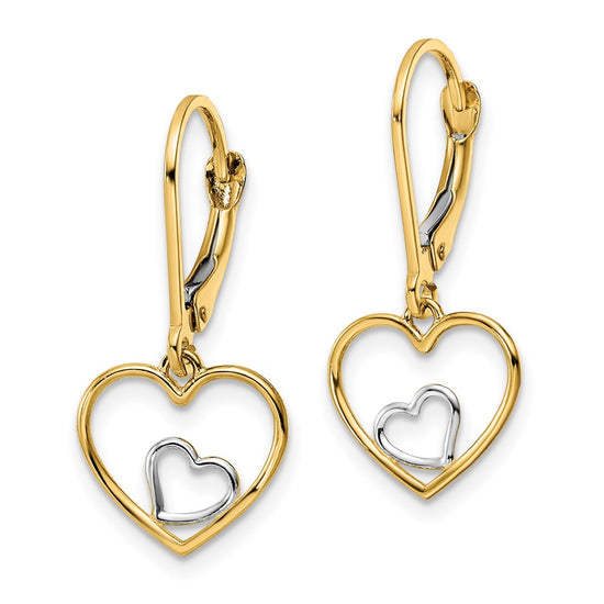 10k w/Rhodium Heart in Heart Leverback Dangle Earrings