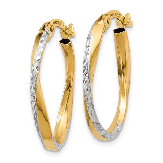 10k and White Rhodium Textured and Polished Oval Hoop Earrings