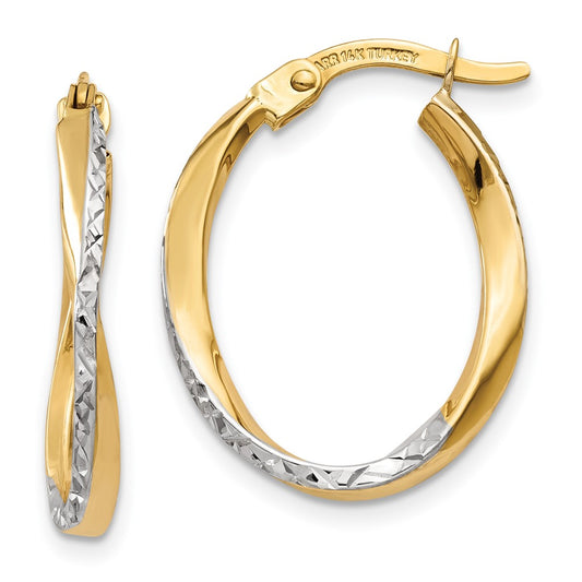 10k and White Rhodium Textured and Polished Oval Hoop Earrings
