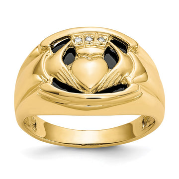 14k Diamond and Black Onyx Claddagh Mens Ring