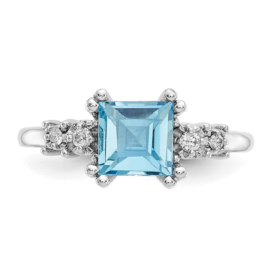 10k White Gold 1/20 carat Diamond and 6mm Princess Blue Topaz Ring