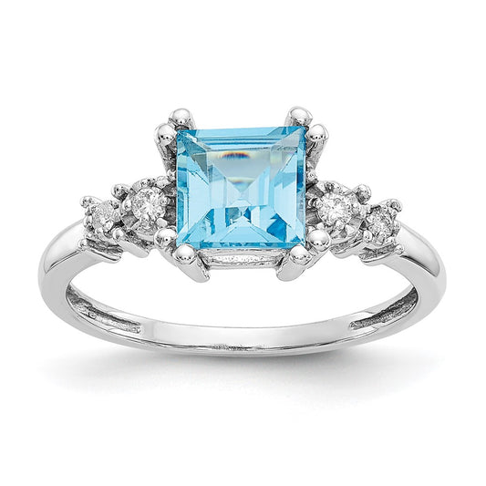 10k White Gold 1/20 carat Diamond and 6mm Princess Blue Topaz Ring