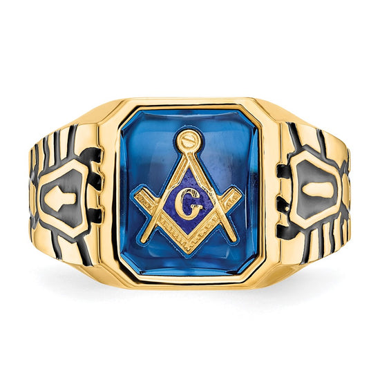 10k Men's Polished, Antiqued and Grooved with Imitation Blue Spinel Masonic Ring